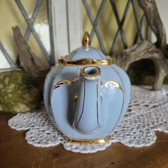 RARE 1930s Sadler Cube Teapot from England - Blue, 24KT Gold Gilding, with Birds - Picture 4 of 15
